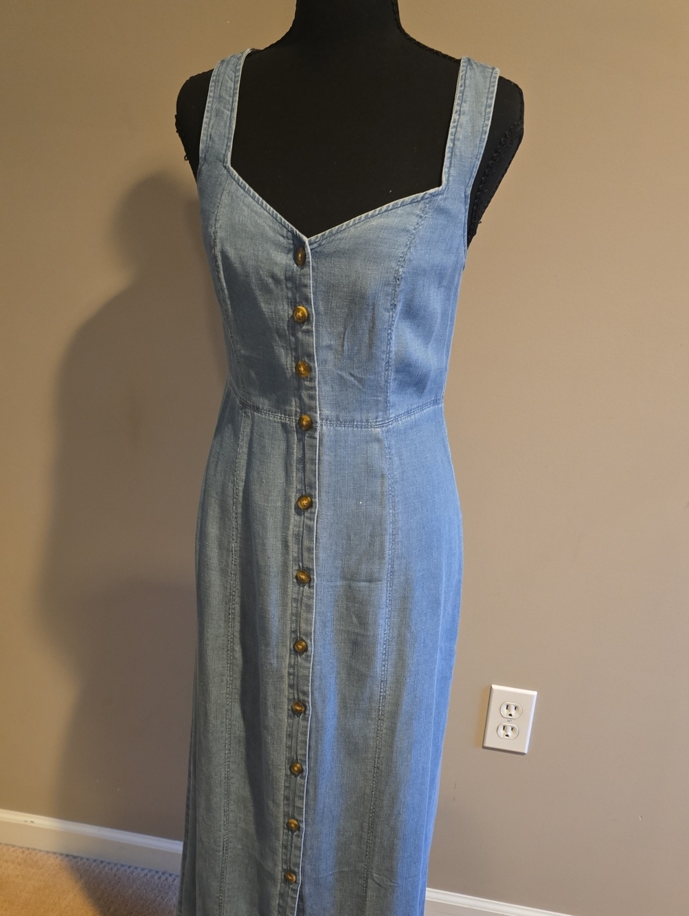 LOFT Light Blue Denim Button-Front Maxi Overall Dress
